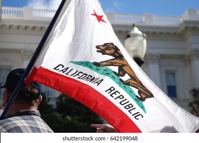 SACRAMENTO, CALIFORNIA, USA - February 26, 2011: Labor Union Supporter Carries California State Flag At The California State Capitol During 