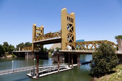 Sacramento River With Tower Bridge Center Section In Raised Position Blue Sky