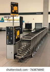 SACRAMENTO, USA - NOV 20, 2017: SMF International Airport Baggage Claim Area Smart Carte, Luggage Carts