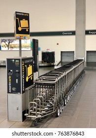 SACRAMENTO, USA - NOV 20, 2017: SMF International Airport Baggage Claim Area Smart Carte, Luggage Carts