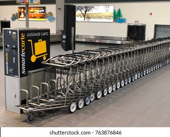 SACRAMENTO, USA - NOV 20, 2017: SMF International Airport Baggage Claim Area Smart Carte, Luggage Carts