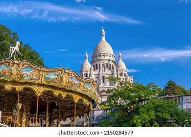 Sacre Coeur Cathedral on Montmartre Hill, Paris in France with blue sky