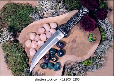 Sacred Athame Dagger with Runes made of rose quartz and bloodstone ready for witchcraft ritual