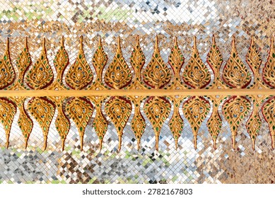 Sacred geometric ceiling pattern inside a Thai temple featuring symmetrical gold motifs, mirrored surfaces, and intricate Buddhist decorative artistry.