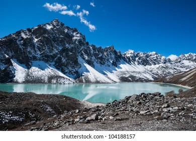 Sacred Lake and peaks near Gokyo in Himalayas. Travel to Nepal