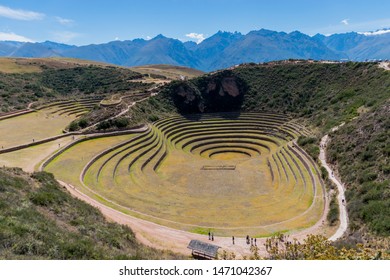 Sacred Valley, Peru - 05/21/2019: The large Inca concentric agriculture ring terraces of Moray, Peru.
