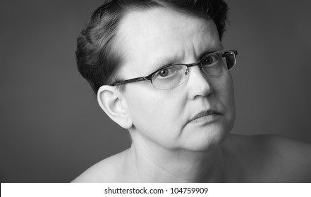 Sad 50 Year Old Woman, Close-up Black And White Image