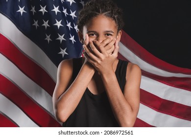 Sad African-American Girl Against USA Flag. Stop Racism