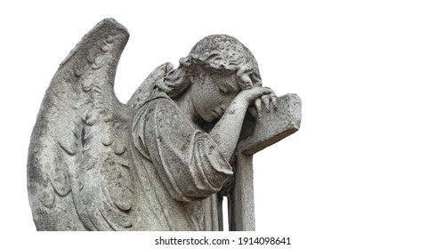 Sad Angel Statue On White Background. Design For Mourning Card, Obituary. Symbol Of Religion, Faith In God, Death, Resurrection, Memory, Eternity. Religious Image. 