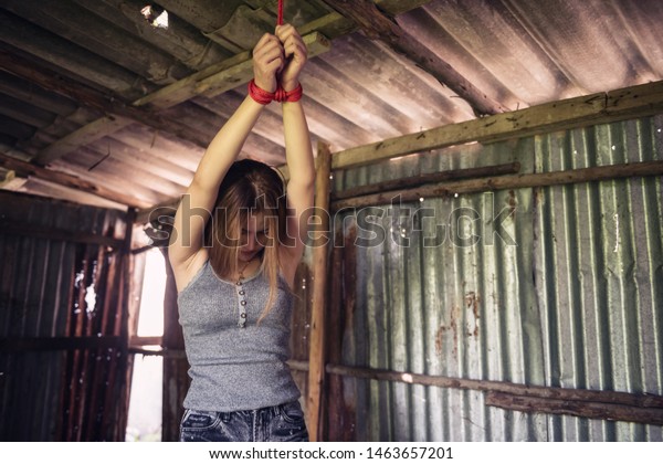 Sad Asian Hostage Woman Tied Hands库存照片1463657201 Shutterstock 