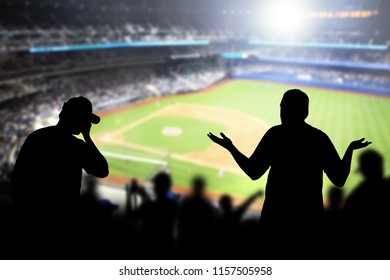 Sad Baseball Fans In Stadium. Disappointed, Angry And Upset Crowd In Ballpark. Favourite Team Lost Game. Devastated Audience In Live Sport Event. Angry Silhouette People Watching Ballgame.