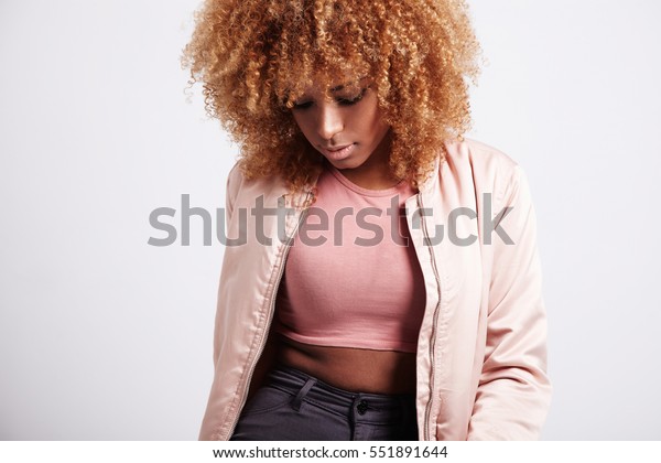 Sad Black Woman Blonde Hair Watching Stock Photo Edit Now 551891644