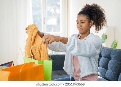 Sad Black Woman Disappointed By Bad Product Online Purchase