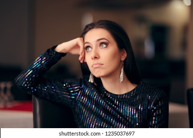 Sad Bored Glamorous Woman Having No Fun At Party. Upset Girl Feeling Depressed Attending A Social Gathering
