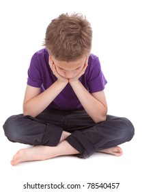 Sad Boy With Drooping Head White Background