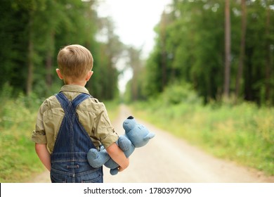A sad boy is holding a teddy bear and is standing in the way. Back view. - Shutterstock ID 1780397090