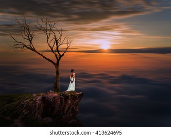 Sad  Bride, Alone Bride, Bride In Wedding Dress Over Sunset Sky, Romantic Travel Concept, Looking Ahead