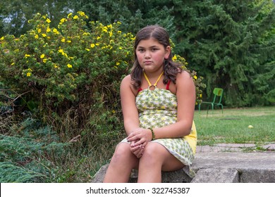 Sad Bullied Fat Gypsy Child Girl In Dress Sitting Alone On Stairs In Garden Unhappy 