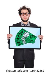 sad businessman holding plasma panel with money - Shutterstock ID 160432562