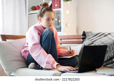 Sad Caucasian Teen High School Student Studying With Laptop Books Doing Online Research Homework Assignment, Serious Teenage Girl Using Computer Online Education Concept