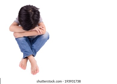 Sad Child Alone Isolated On White