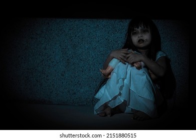 Sad Child Ghost At Night,Halloween  Festival Concept,Friday 13th,Horror Movie Scene,A Girl With Doll