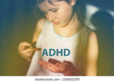 Sad Child Girl With ADHD. Lonely Schoolgirl Has Mental Health Issues And Difficulties With Social Recognition. The Concept Of Social Rejection And Pessimism.