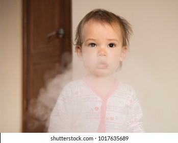 Sad Child In The Smoke. Danger Of Passive Smoking Concept.