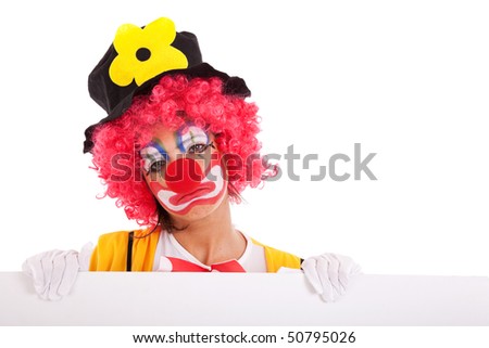 sad clown holding a blank banner (isolated on white)