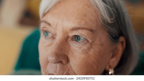 Sad, crying and senior woman at nursing home with grief, stress and worry or mourning in closeup. Tears, face and elderly female with nostalgia, anxiety and dementia for memory loss or Alzheimer - Powered by Shutterstock