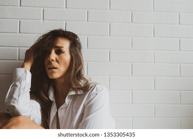 Sad Depressed Caucasian Lady Semi Nude Stock Photo 1353305435