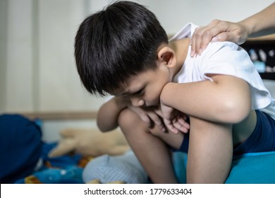 Sad Depressed Little Child Boy With Depressive Symptoms,depression Disease,feels Sad Grieving Crying,childhood Problem,hand Of Mother Touching Shoulder Giving Comfort,care,support To Offended Kid Son