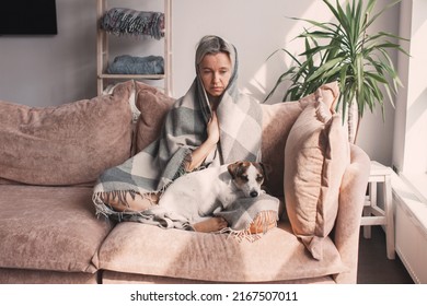 Sad, depressed middle aged woman is sitting wrapped up in gray plaid on sofa. Stressed adult woman is sitting on couch with dog at home