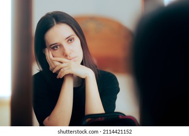 Sad Depressed Woman Crying Looking In The Mirror. Sorrowful And Anxious Insecure Adult Person Suffering A Crisis Meltdown