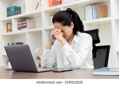 Sad Depression Serious People From Work,study Stress Problem.asian Woman Feeling Tired Suffering Using Computer Working Work Place.concept Global Economic,health Problems