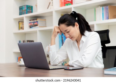 Sad Depression Serious People From Work,study Stress Problem.asian Woman Feeling Tired Suffering Using Computer Working Work Place.concept Global Economic,health Problems