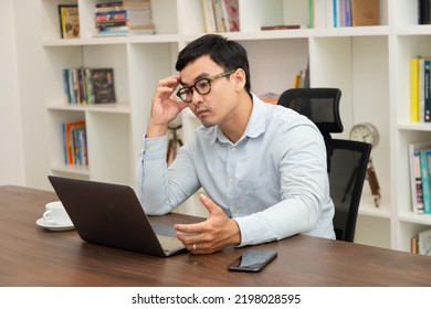 Sad Depression Serious People From Work,study Stress Problem.asian Man Feeling Tired Suffering Using Computer Working Work Place.concept Global Economic,health Problems