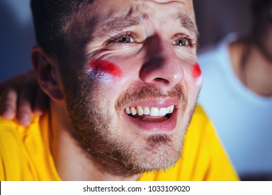 Sad, Disappointing Football Fan Crying, Closeup 