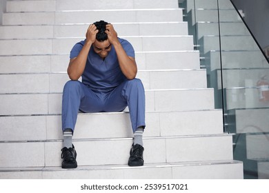 Sad, doctor and shout with stress at hospital for medical mistake, depression and anxiety from healthcare burnout. Man, relax or scream on stairs with surgery news, mental health and emergency crisis - Powered by Shutterstock