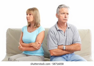 Sad Elderly Couple. Divorce. Isolated Over White Background