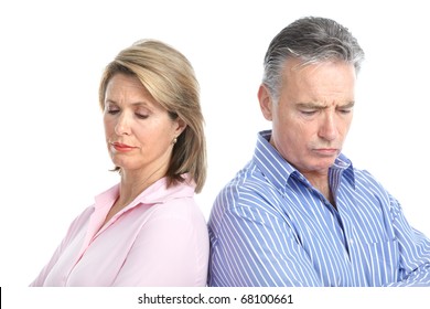 Sad Elderly Couple. Divorce. Isolated Over White Background