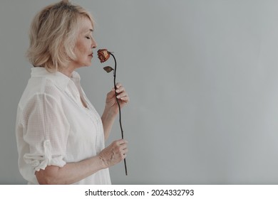 Sad Elderly Senior Woman In White Shirt Holds Withered One Dry Old Dead Rose Flower. Old Age And Aging Concept.