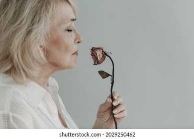 Sad Elderly Senior Woman In White Shirt Holds Withered One Dry Grey Old Dead Rose Flower. Old Aging Concept.