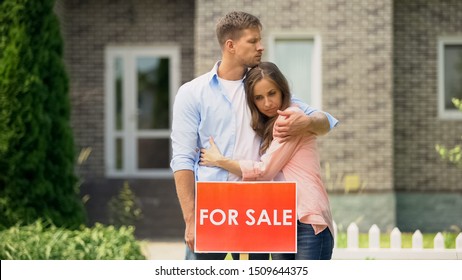 Sad Family Hugging, Sale Signboard, Have To Sale Their Big House, Crisis