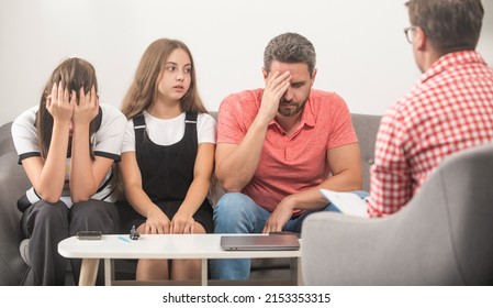 Sad Father Mother And Child At Family Psychologist, Psychology