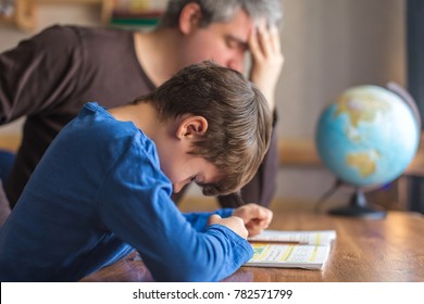 Sad Father Tired About Sons Failure On Mathematics Homework, Stress