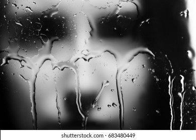 Sad Female Blurred Face Looking Through Glass With Water Drops, Monochrome