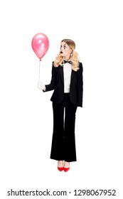 Sad Female Clown Looking At Helium Balloon Isolated On White 