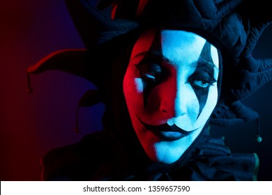 Sad Female Jester's Clown Face, Close-up Photo.