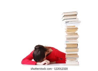 Sad Female Student With Learning Difficulties , Isolated On White